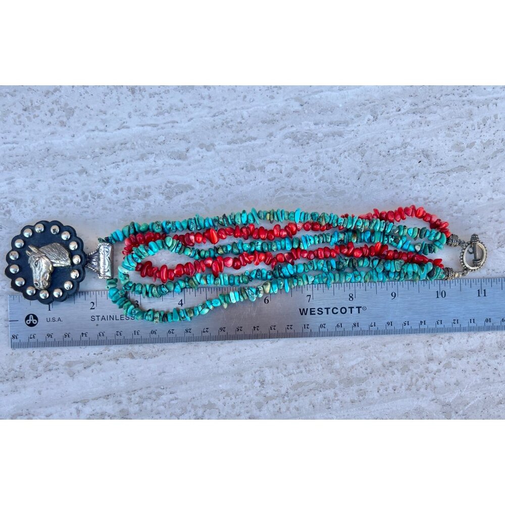 Turquoise & Vintage Coral Beaded Necklace Trigg Leather Horse Equestrian pendant - Picture 9 of 12